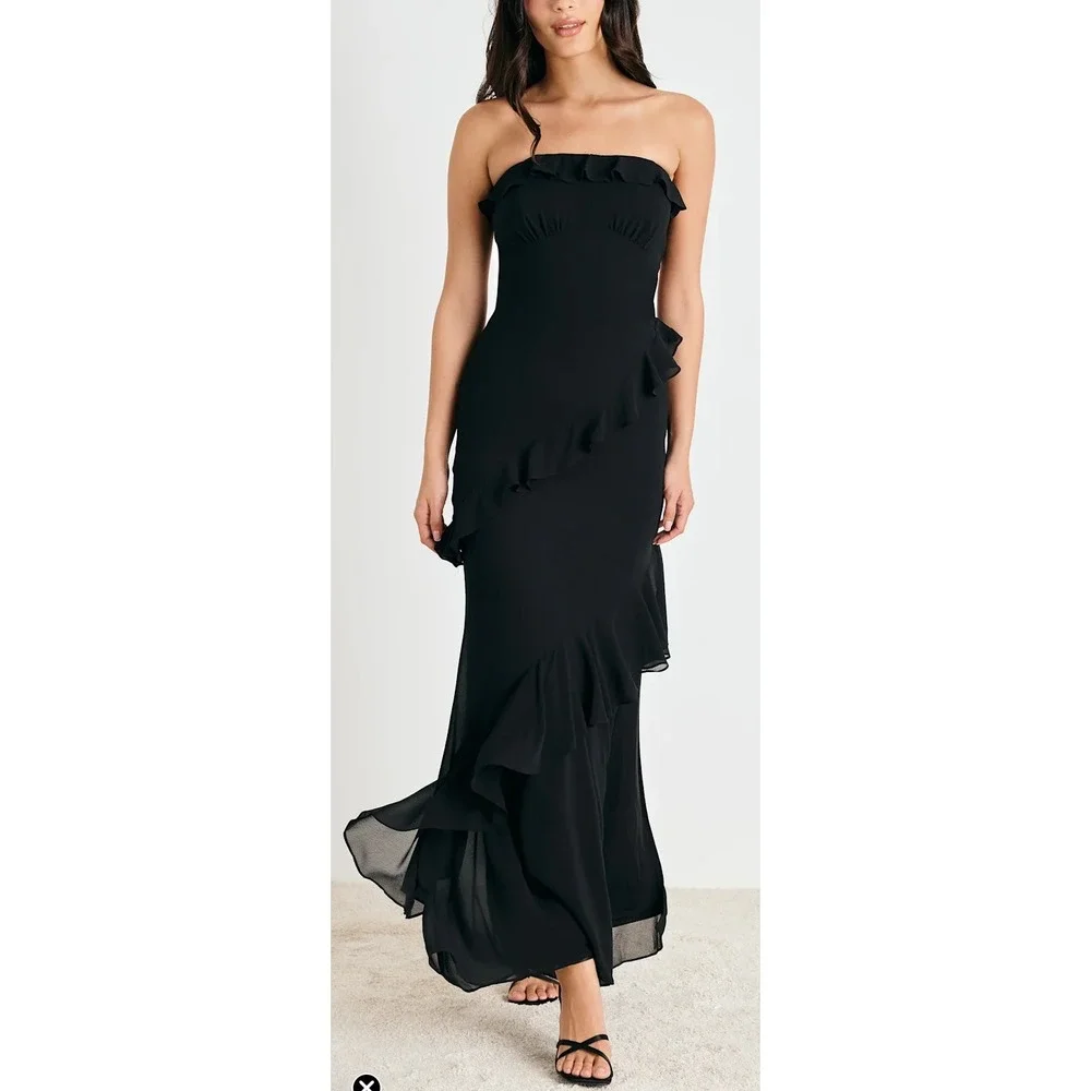 NWT Lulus Dramatic Allure Black Ruffled Cutout Strapless Maxi Dress XXS